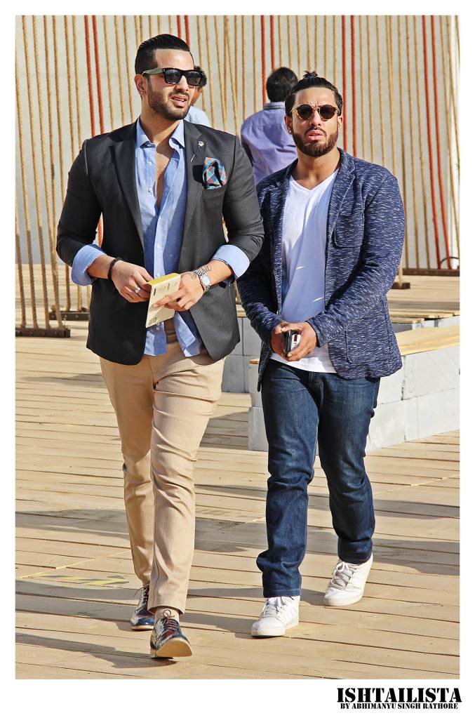 I love this image as it perfectly shows how to style a blazer in formal(man in left) and casual way (man, right).